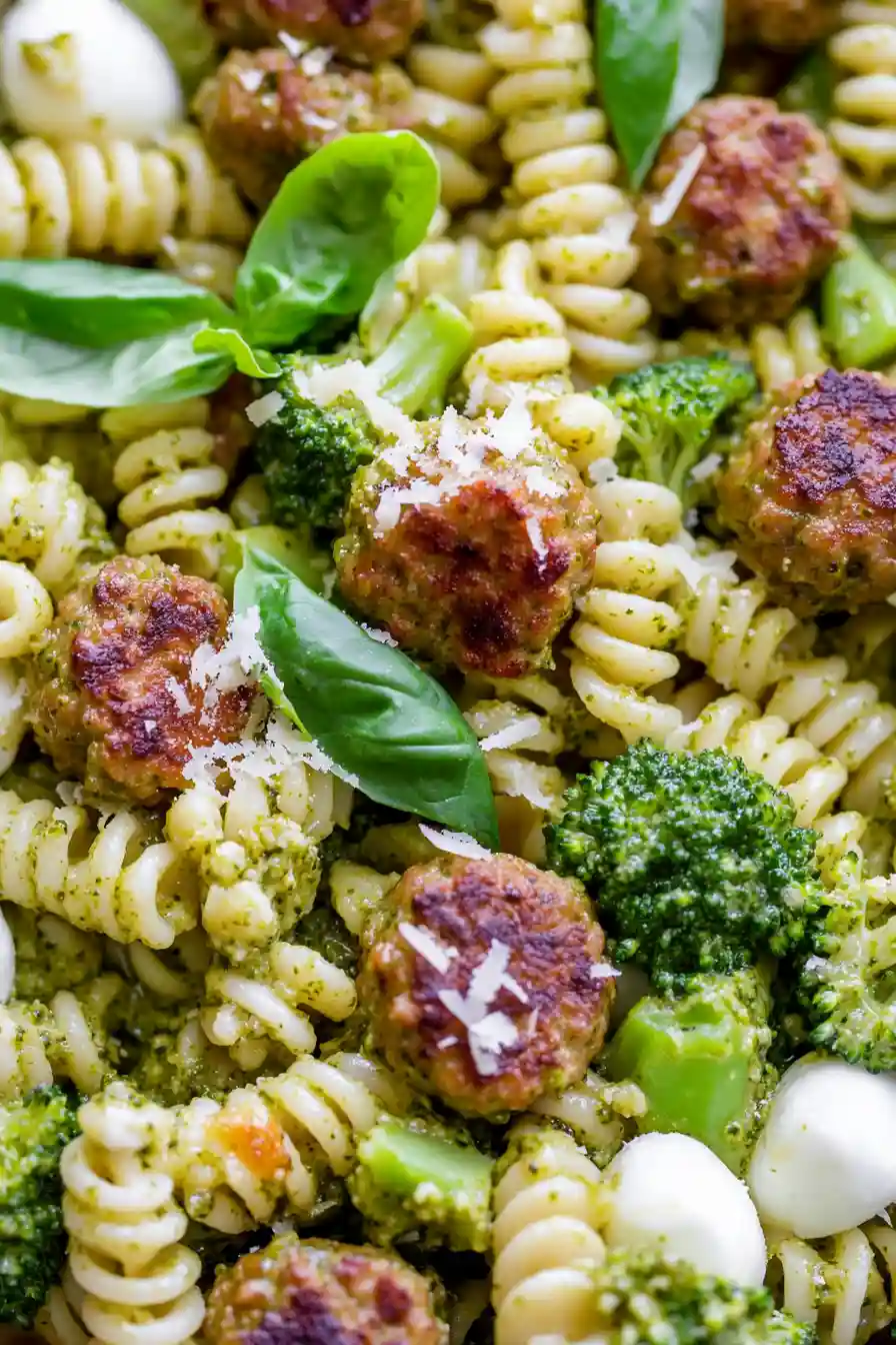 Simple Pesto Pasta with Turkey Meatballs