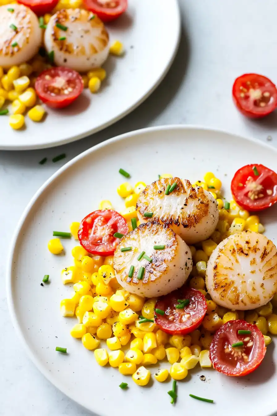 Juicy Seared Scallops with Creamy Corn and Tomatoes