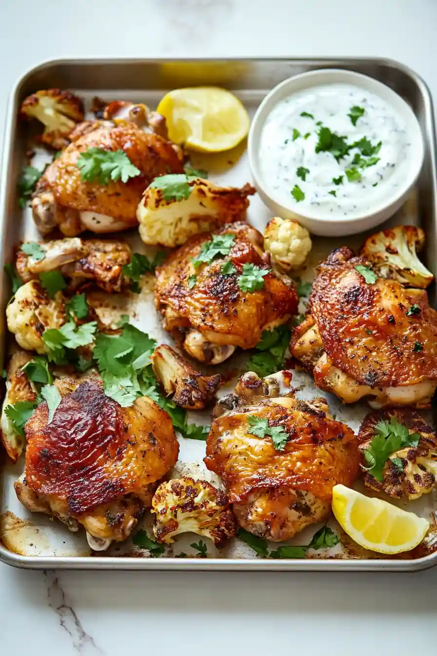 Delicious Roasted Chicken Thighs with Cauliflower and Herby Yogurt