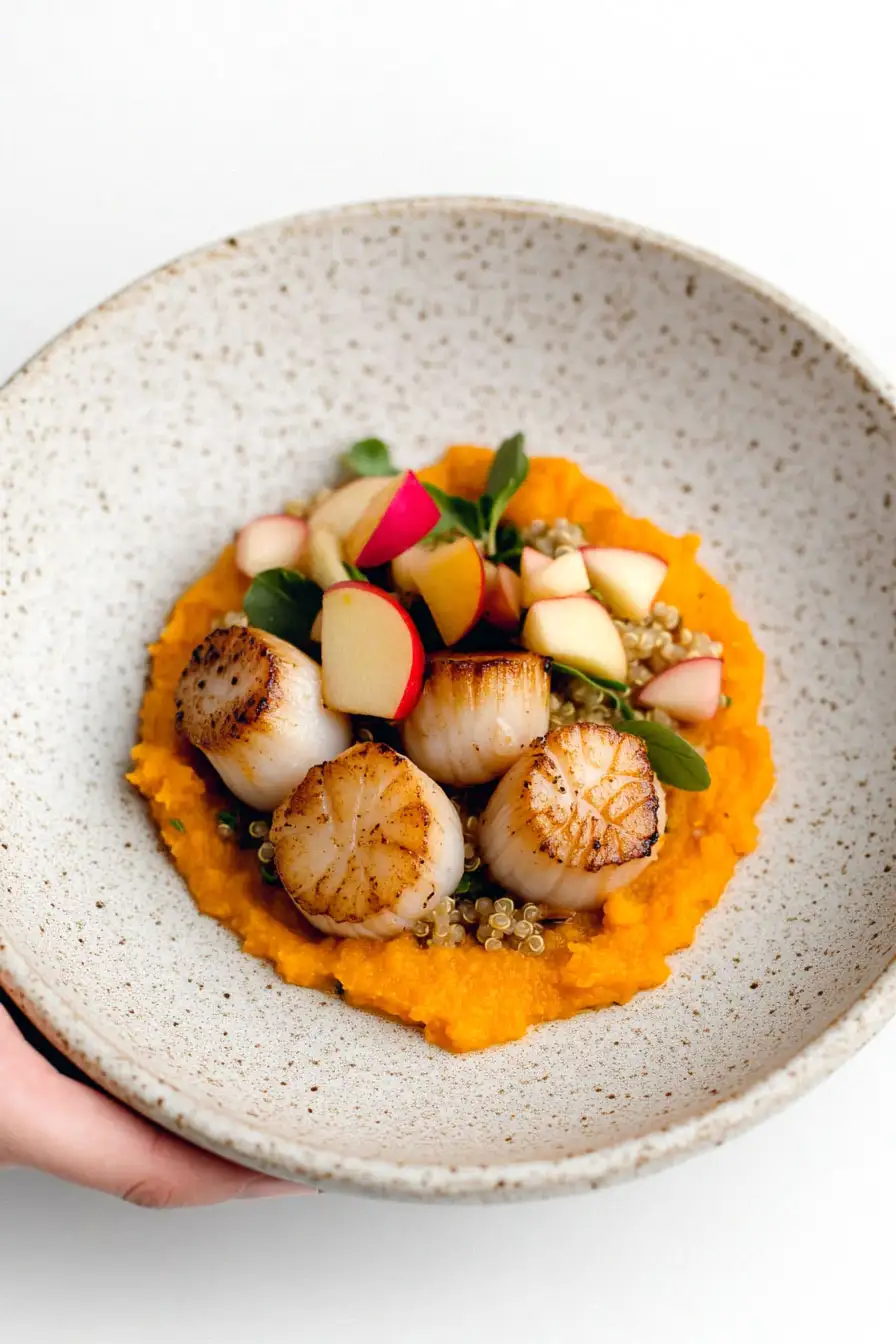 Flavorful Seared Scallops with Quinoa, Apple Salad, and Butternut Squash Pure