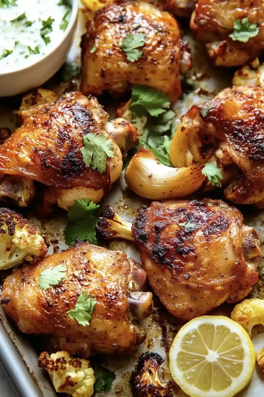 Delicious Roasted Chicken Thighs with Cauliflower and Herby Yogurt