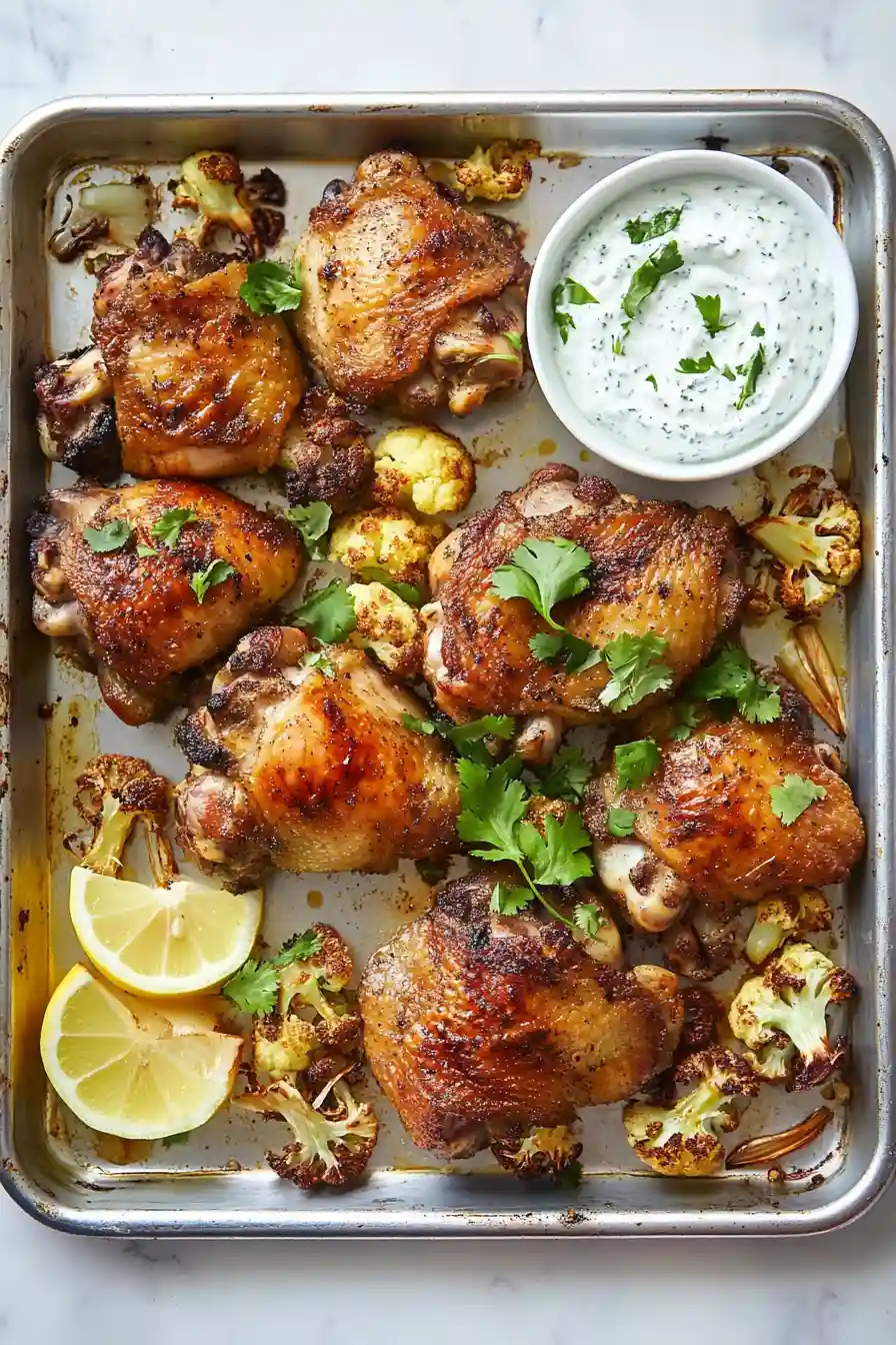 Delicious Roasted Chicken Thighs with Cauliflower and Herby Yogurt