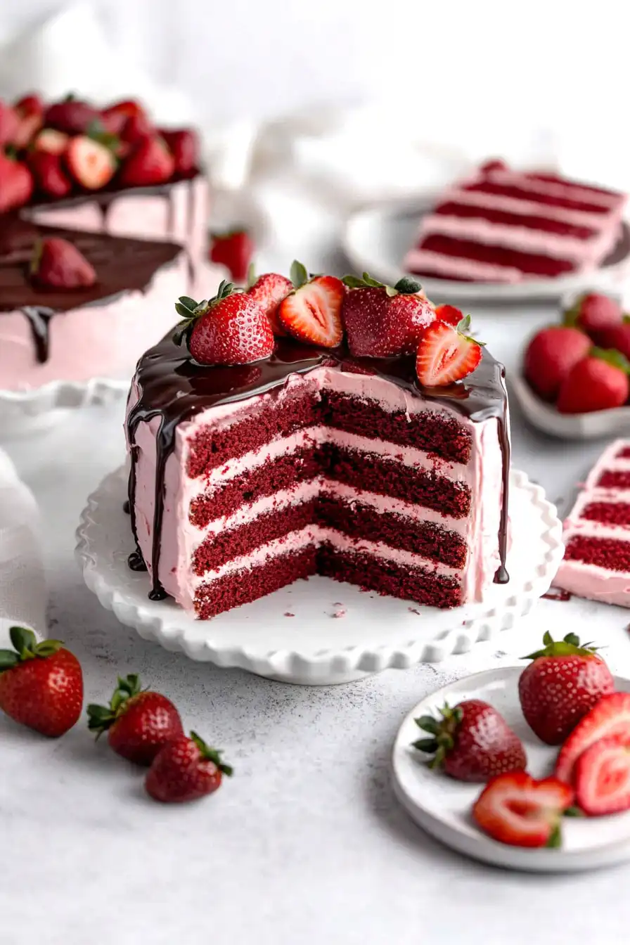 Juicy Red Velvet Strawberry Cake