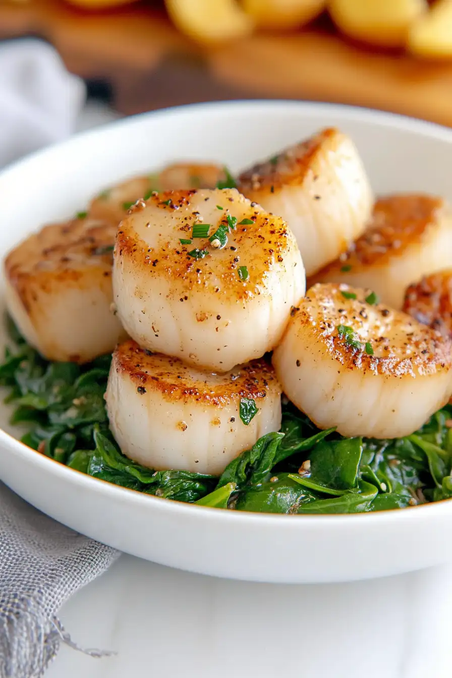 Tasty Seared Scallops Over Wilted Spinach