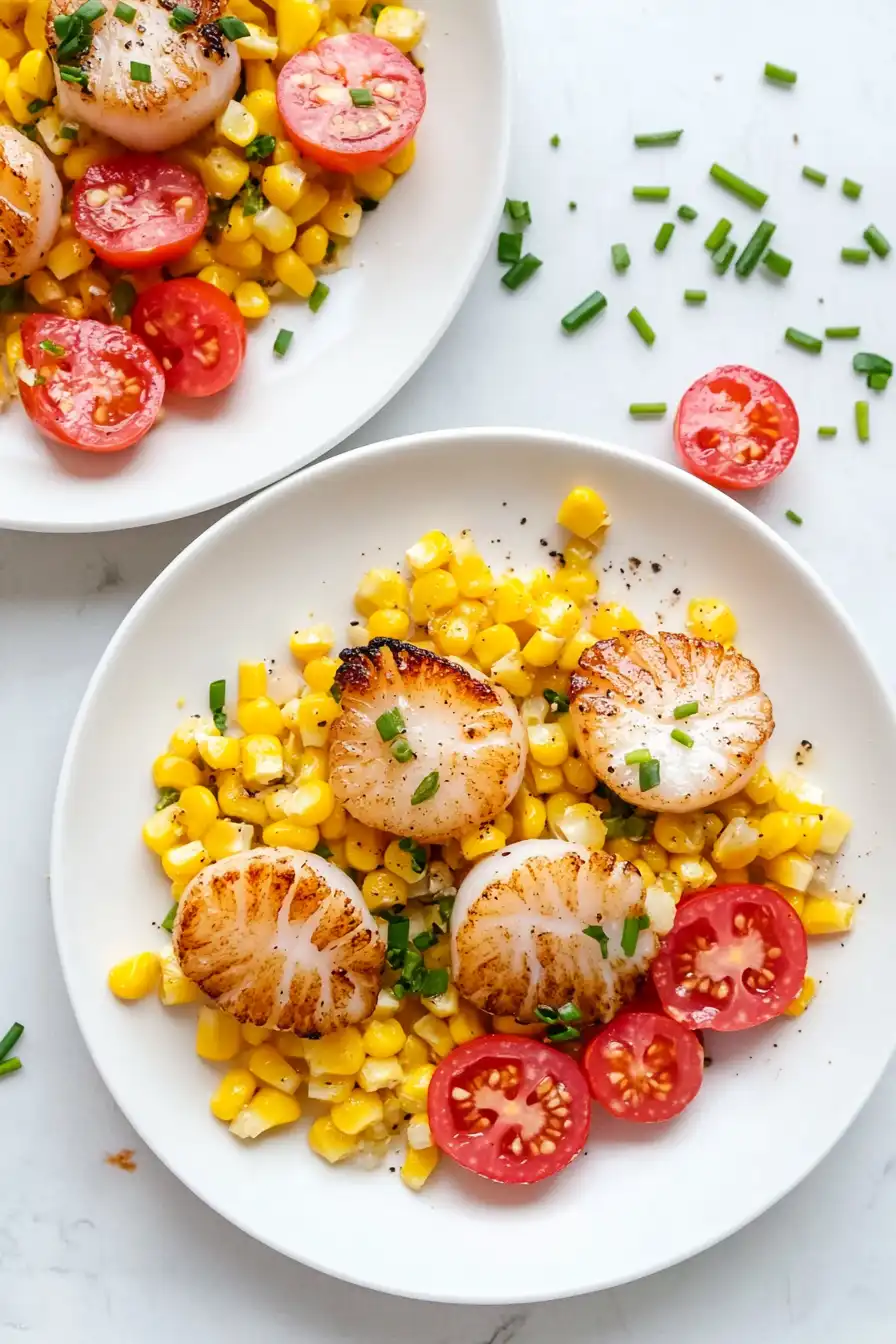 Juicy Seared Scallops with Creamy Corn and Tomatoes