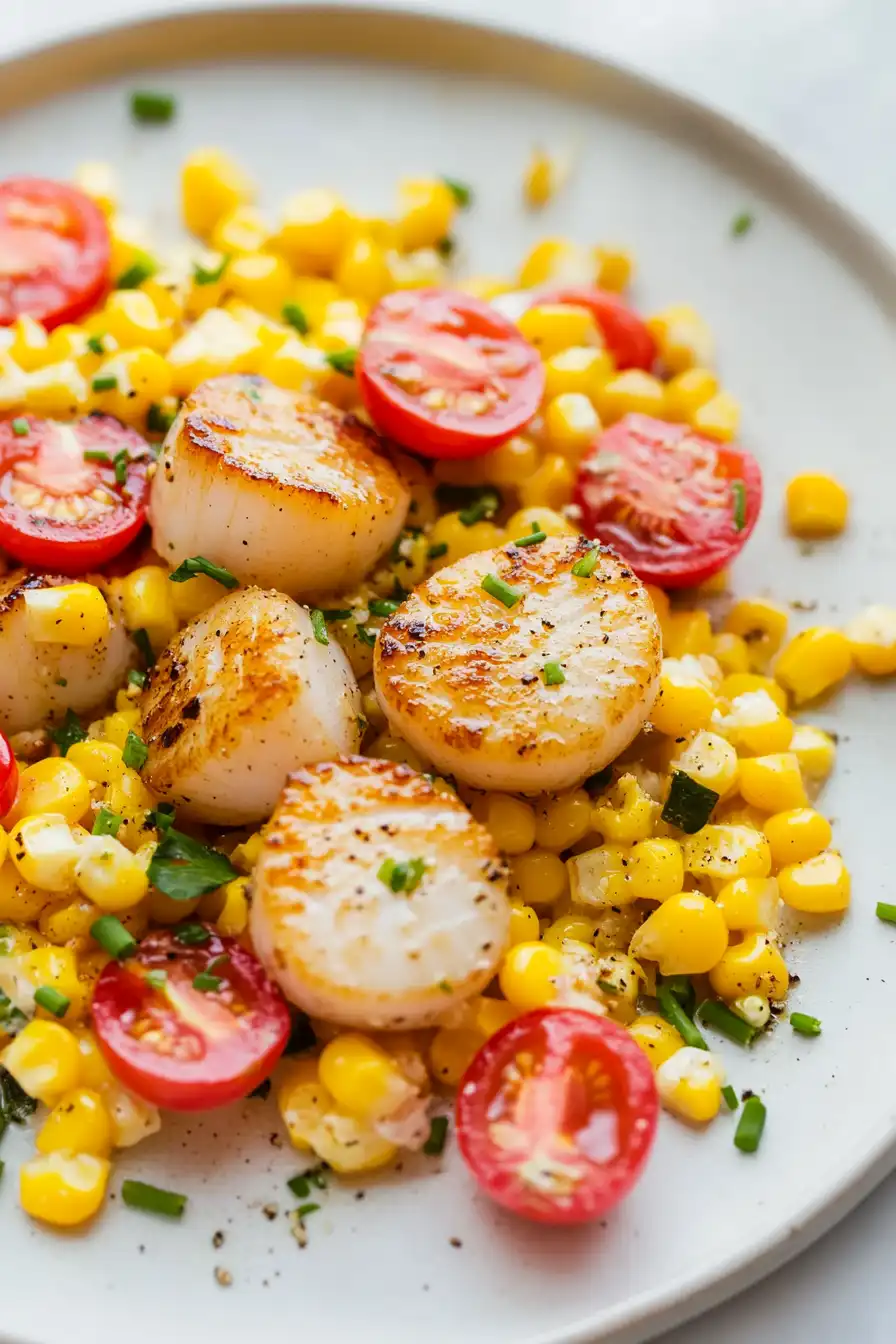 Juicy Seared Scallops with Creamy Corn and Tomatoes