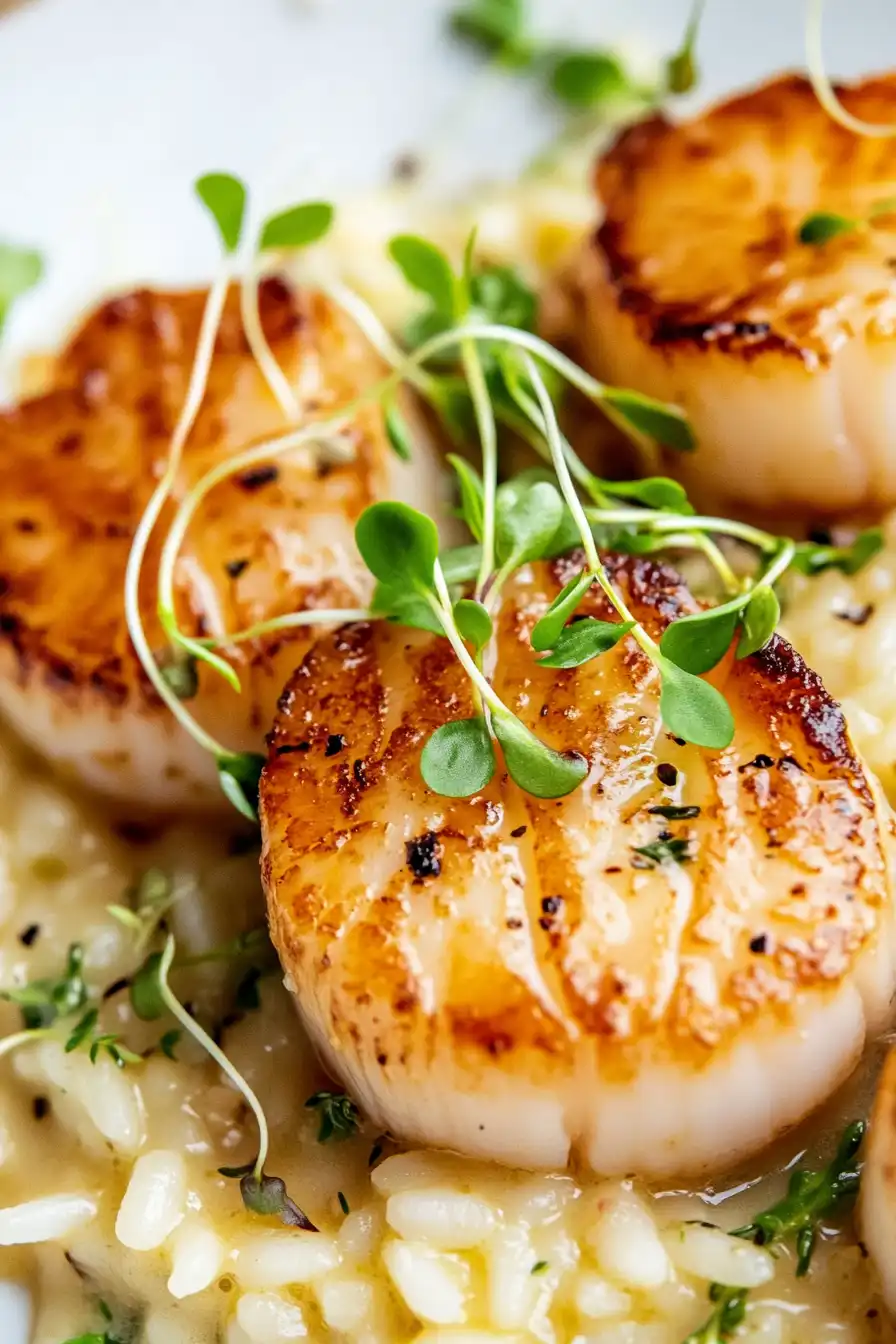 Gourmet Seared Scallops with Basil Risotto