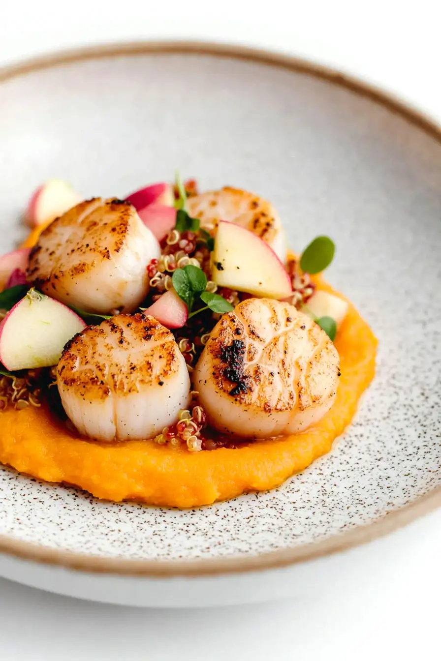 Flavorful Seared Scallops with Quinoa, Apple Salad, and Butternut Squash Pure