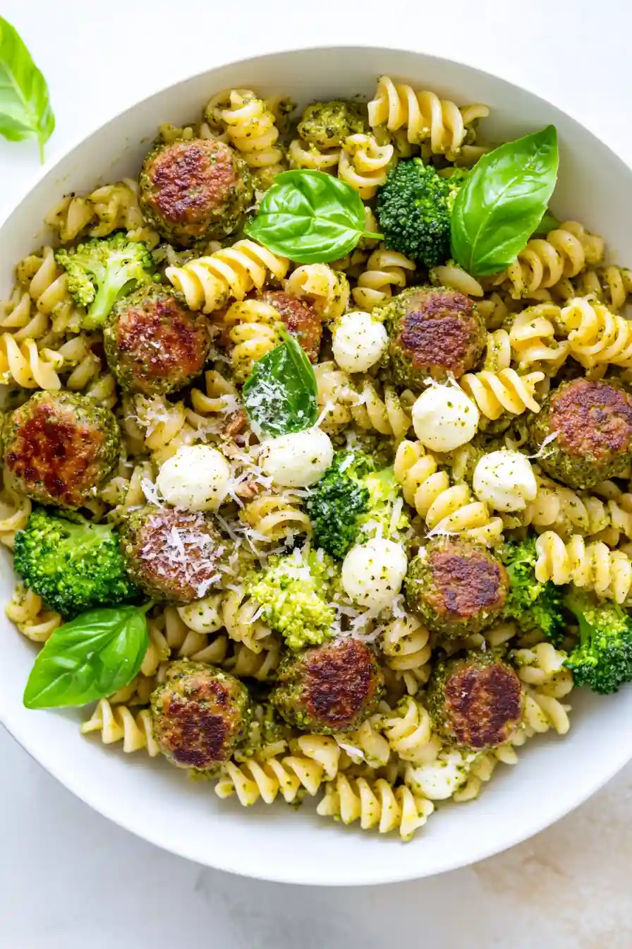 Simple Pesto Pasta with Turkey Meatballs