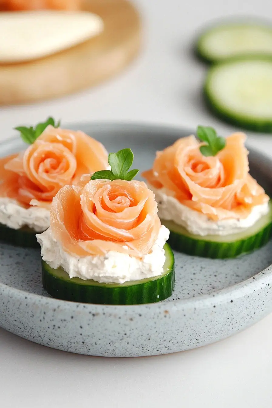 Juicy Smoked Salmon Roses on Cucumber Rounds