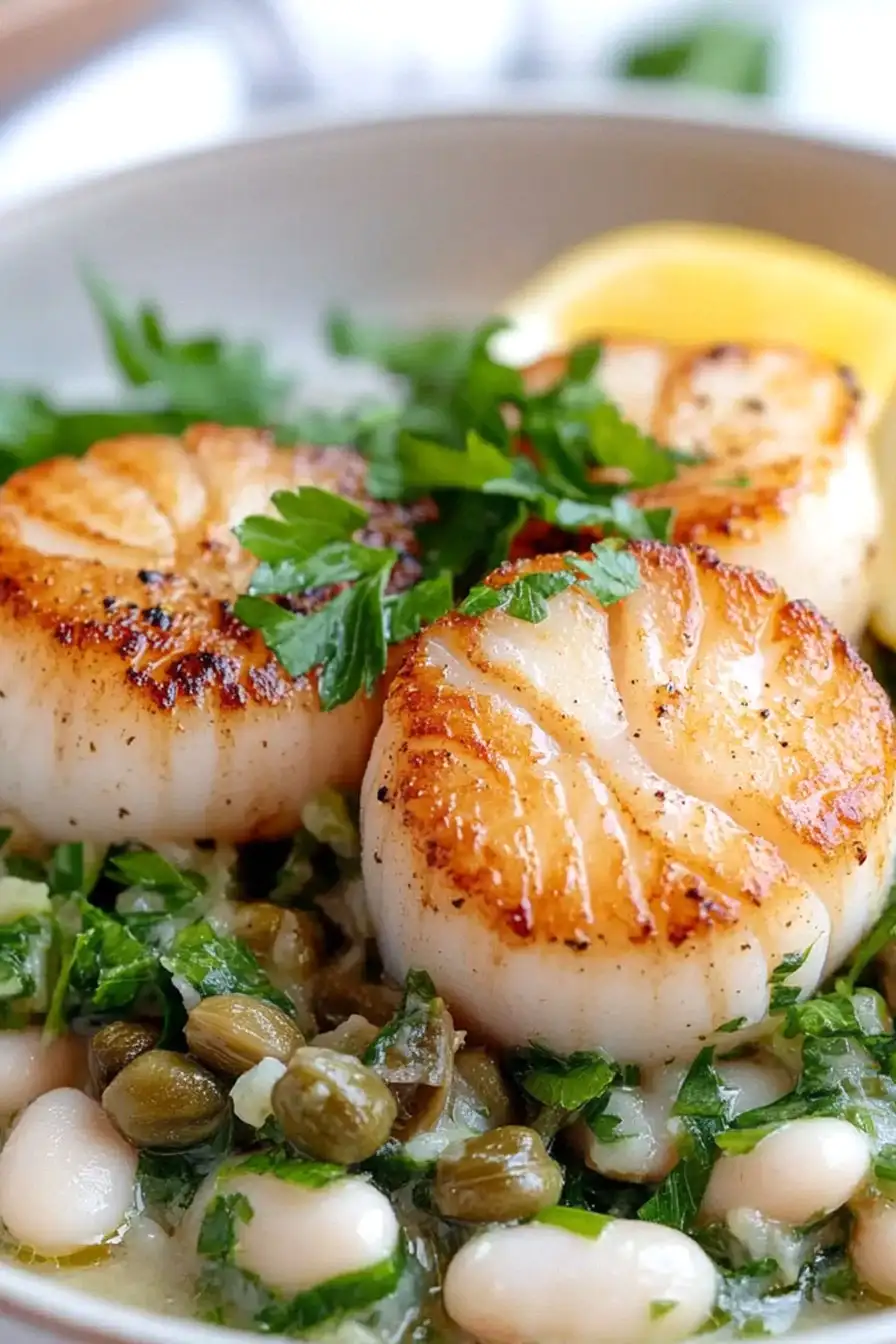 Tasty Seared Scallops with White Bean Ragu