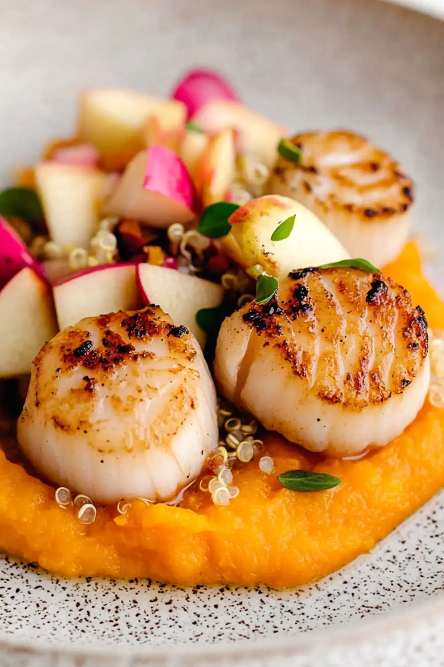 Flavorful Seared Scallops with Quinoa, Apple Salad, and Butternut Squash Pure