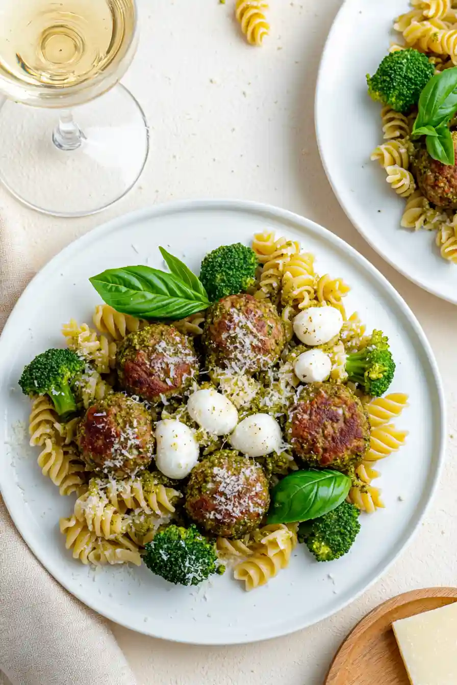 Simple Pesto Pasta with Turkey Meatballs