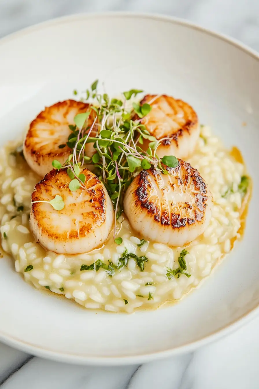 Gourmet Seared Scallops with Basil Risotto