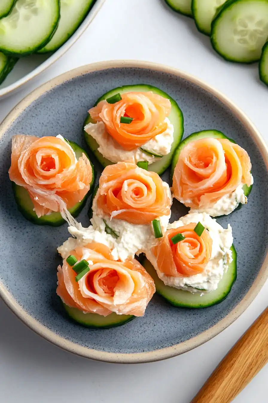 Juicy Smoked Salmon Roses on Cucumber Rounds