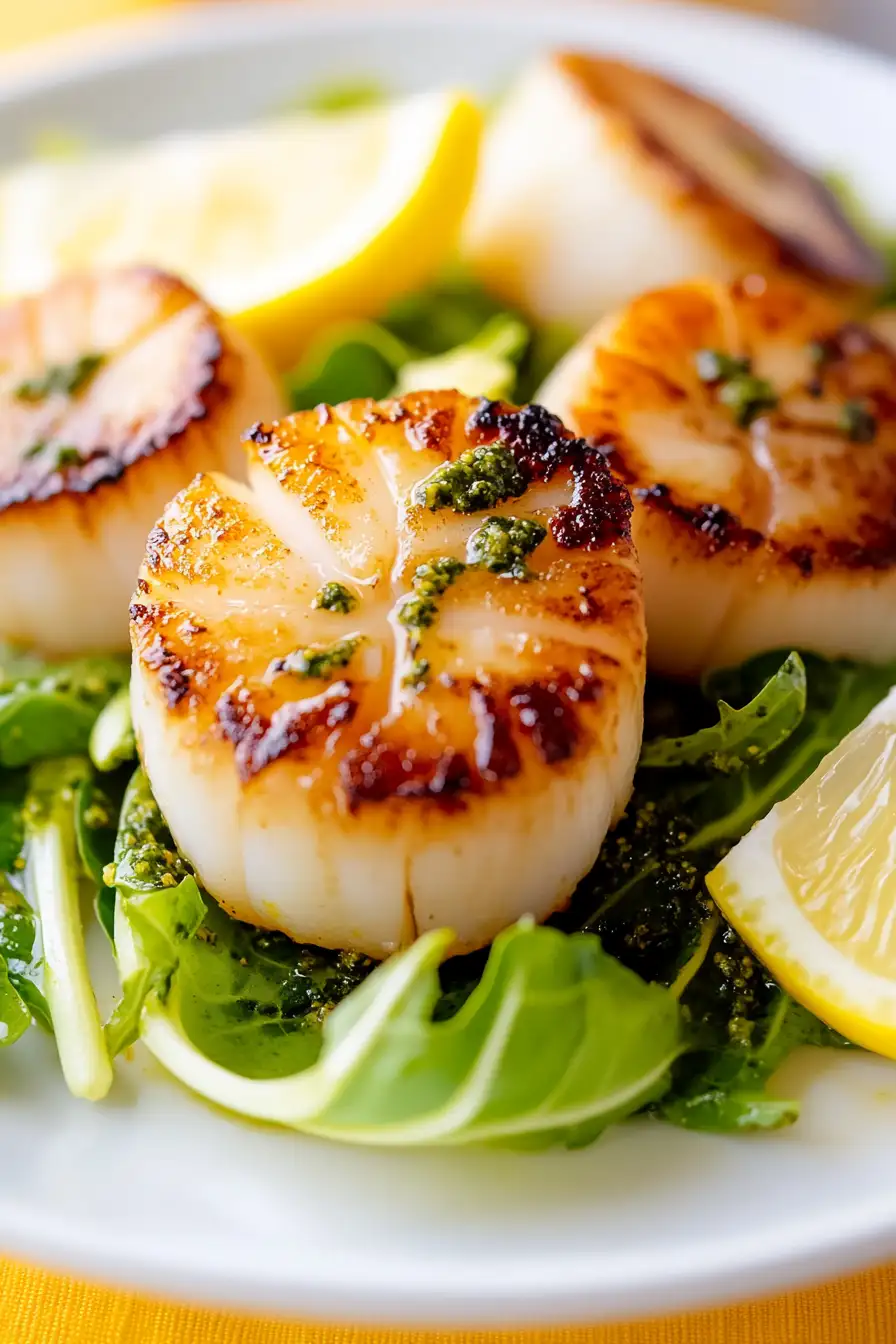 Flavorful Seared Scallops with Escarole Salad and Pesto