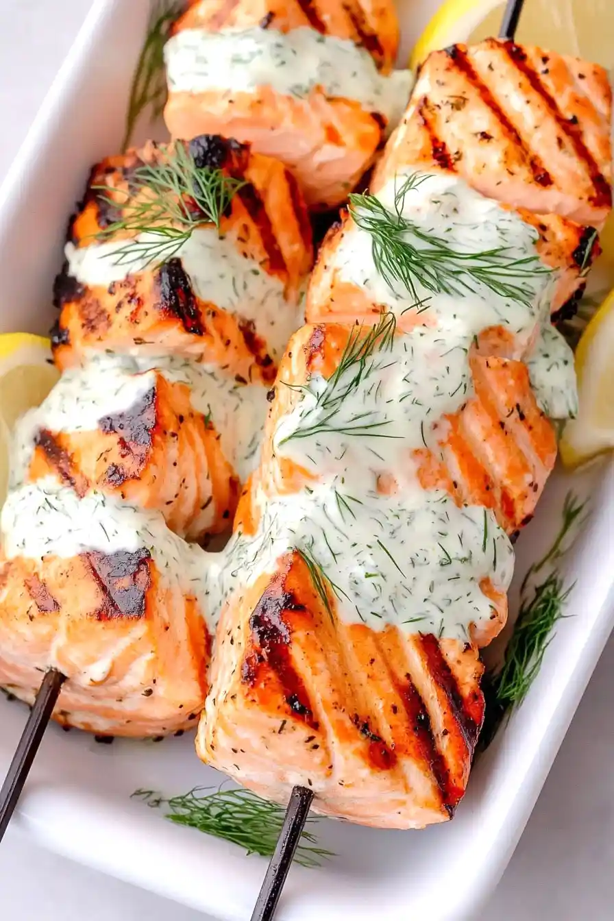 Mouthwatering Grilled Salmon Skewers with Creamy Sauce