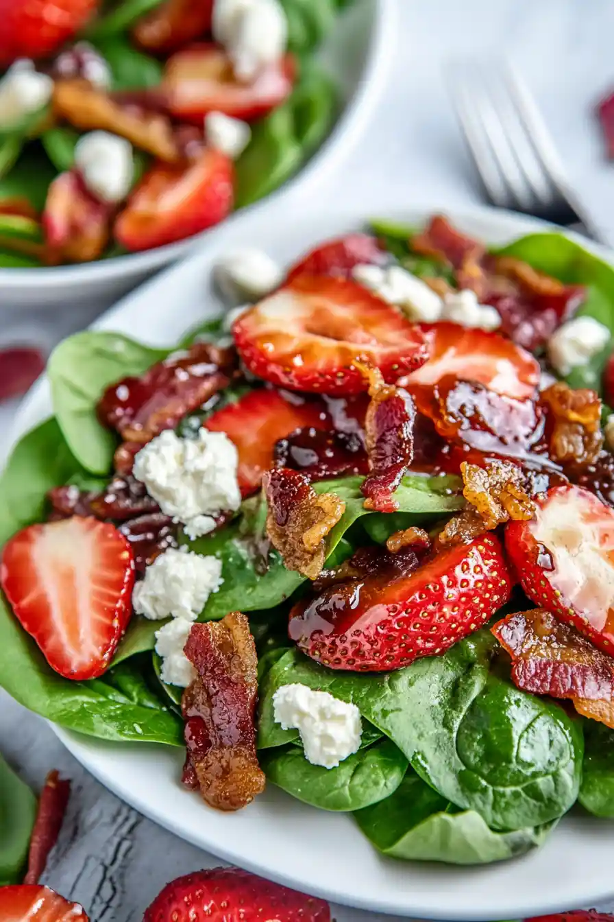 Easy Strawberry Spinach Salad with Hot Bacon Dressing