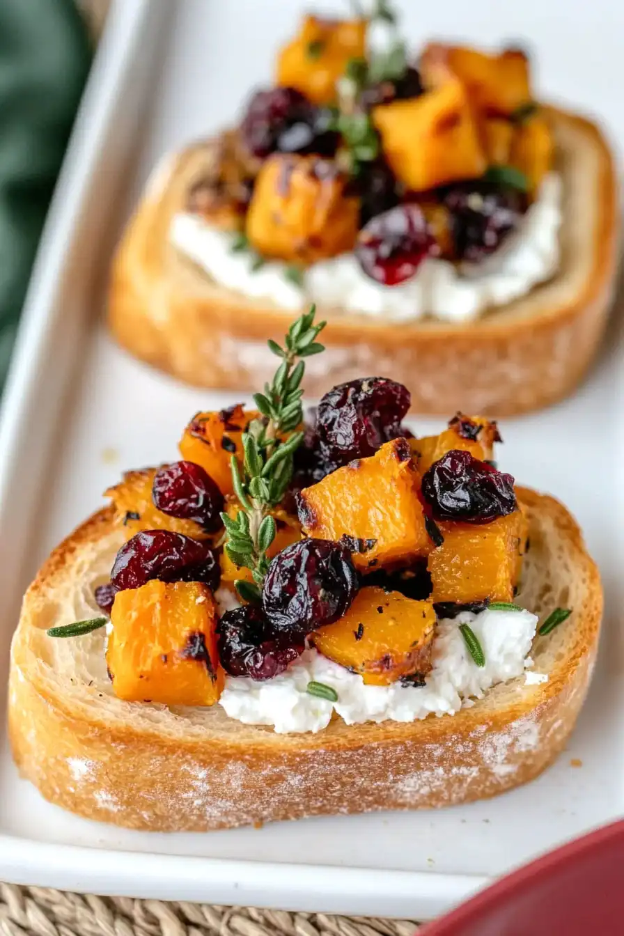 Juicy Butternut Squash, Cranberry, and Goat Cheese Crostini