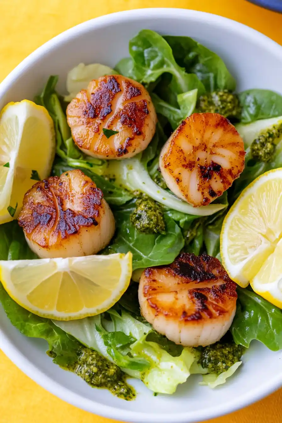 Flavorful Seared Scallops with Escarole Salad and Pesto
