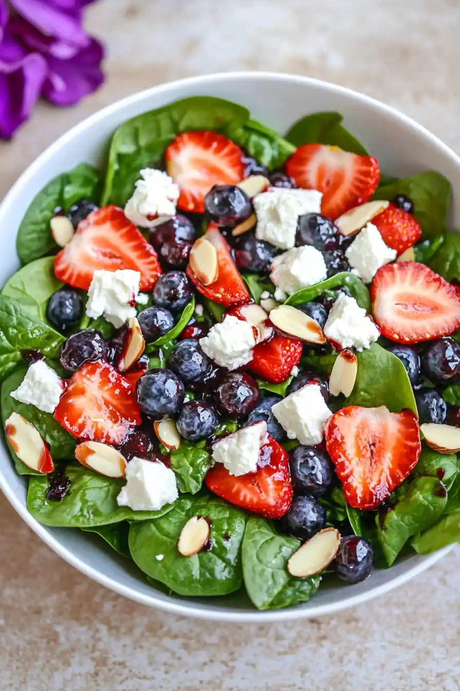 Delicious Strawberry Spinach Salad with Blueberry and Feta