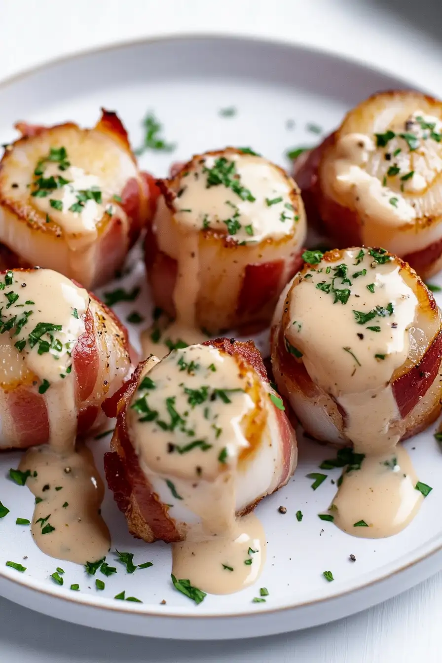 Easy Bacon Wrapped Scallops with Cream Sauce