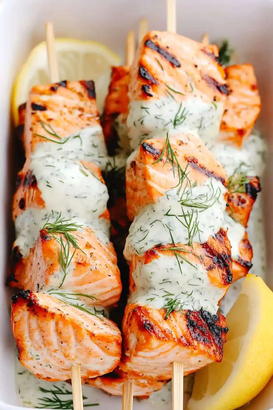 Mouthwatering Grilled Salmon Skewers with Creamy Sauce