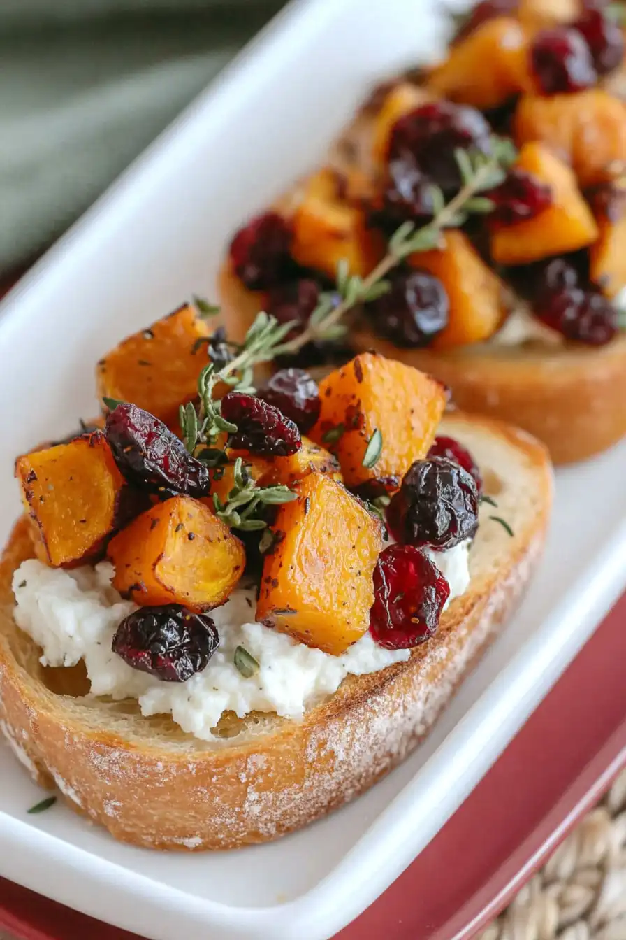 Juicy Butternut Squash, Cranberry, and Goat Cheese Crostini