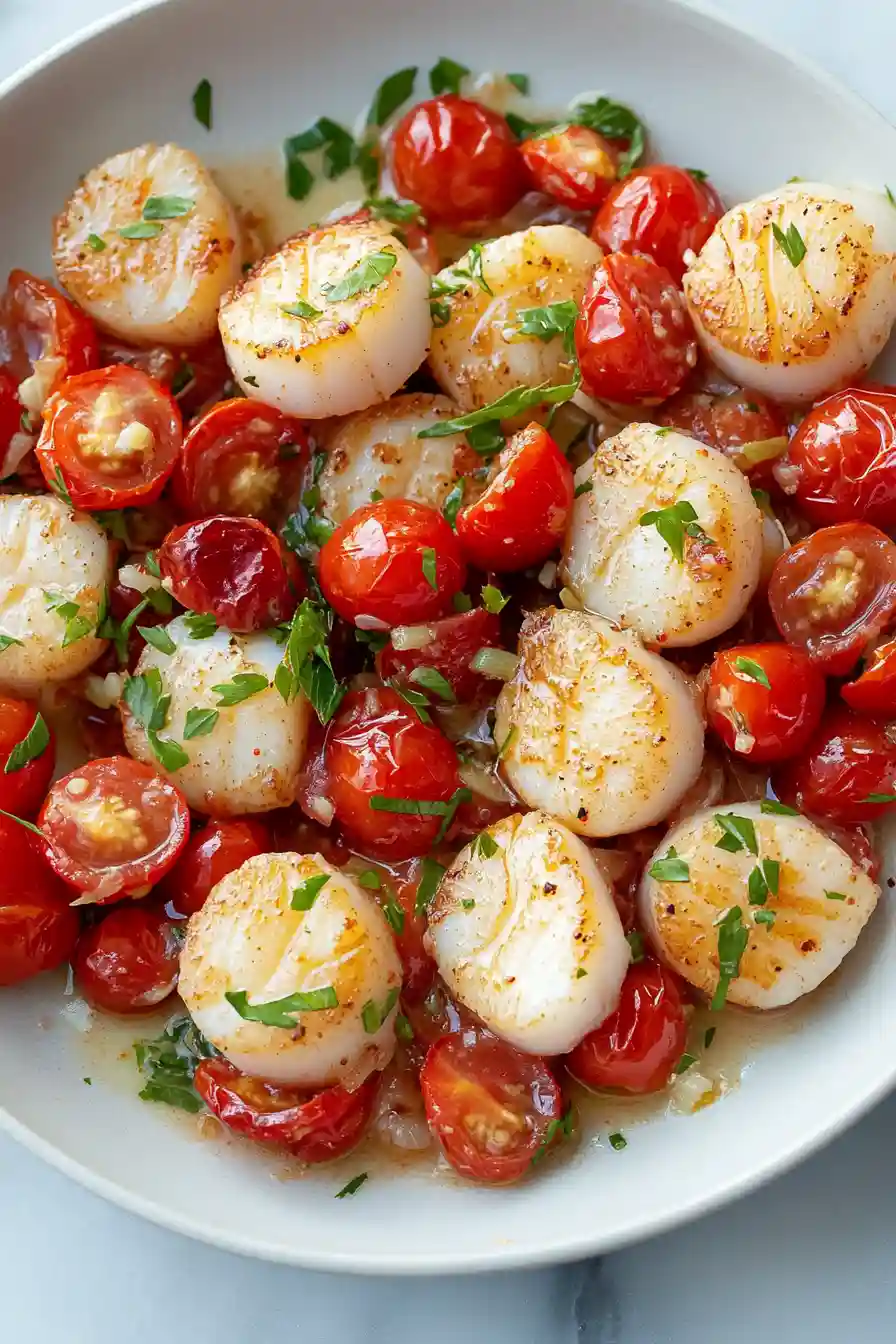 Healthy Seared Scallops with Jammy Cherry Tomatoes