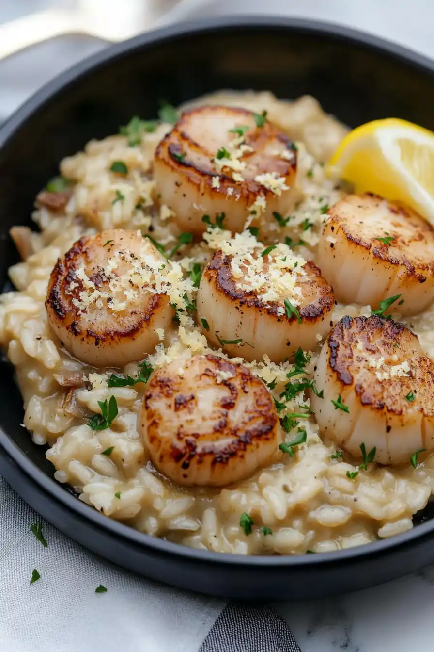 Quick Seared Scallops Over Lemon Parmesan Risotto