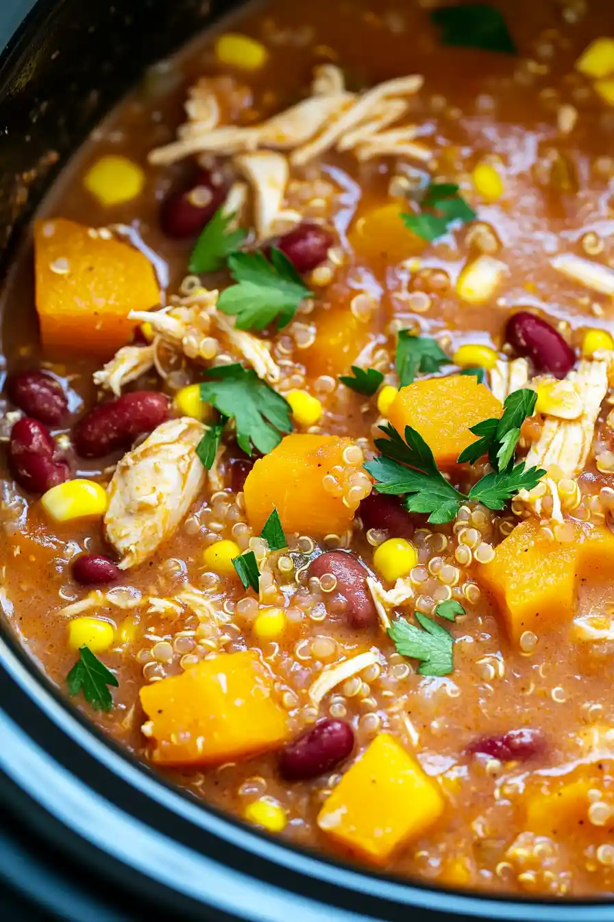 Nutritious Crockpot Butternut Squash Chicken and Quinoa Soup