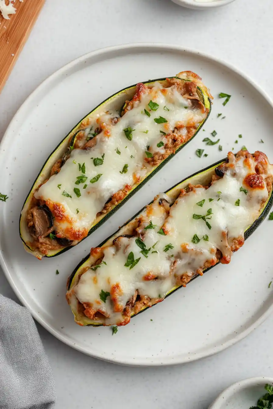 Low Calorie Mushroom Stuffed Zucchini Boats