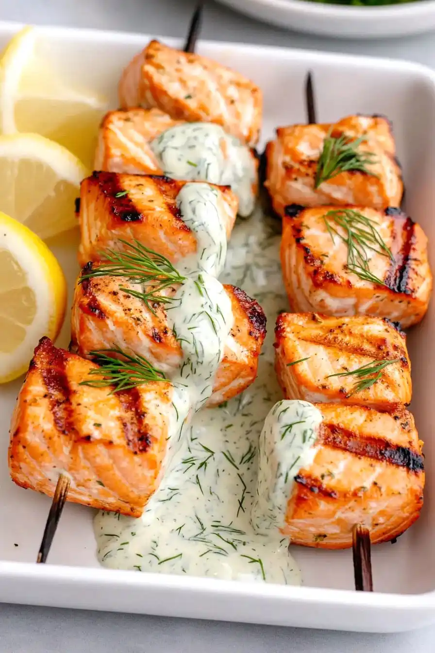 Mouthwatering Grilled Salmon Skewers with Creamy Sauce