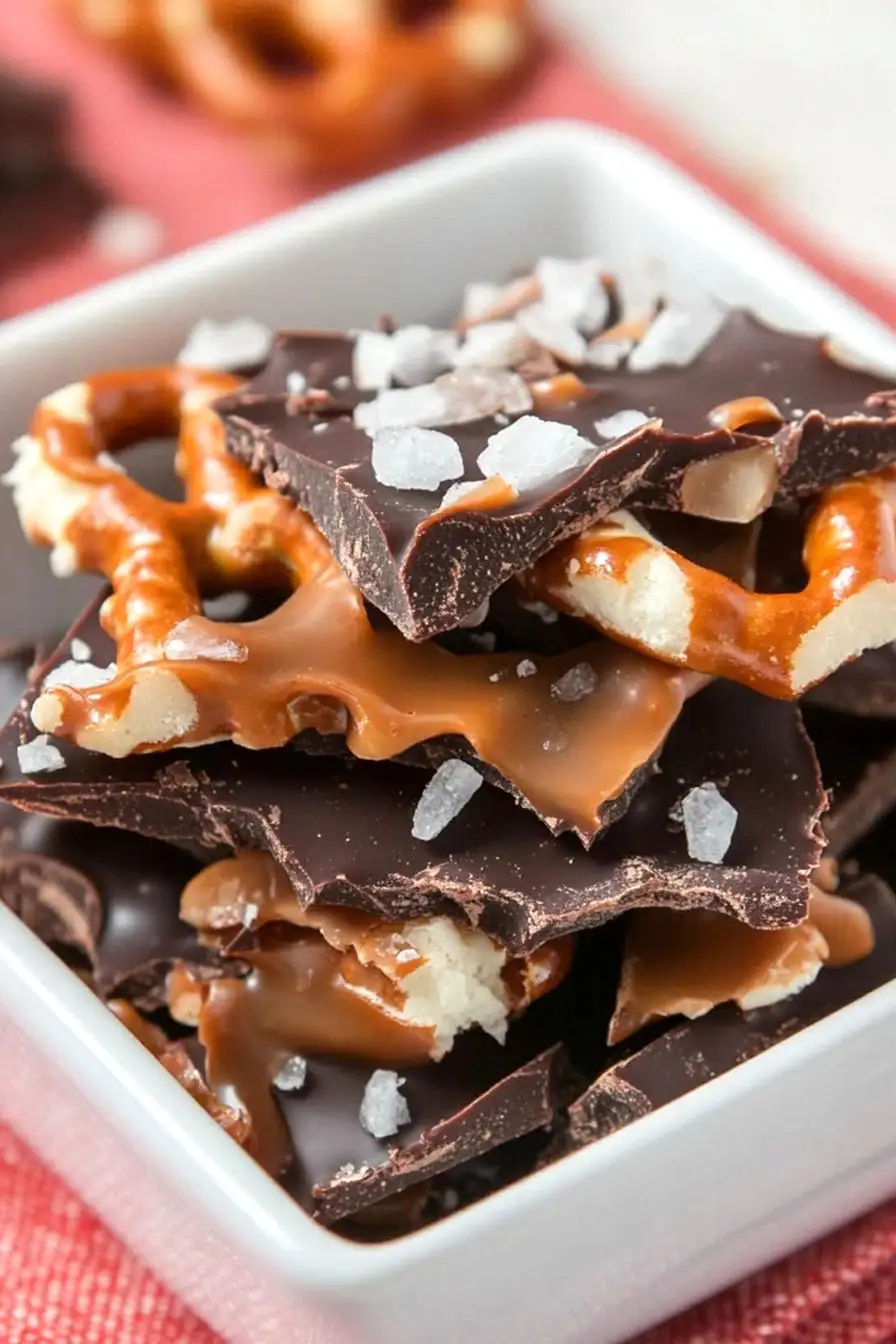 Decadent Dark Chocolate Sea Salt Caramel Pretzel Bark