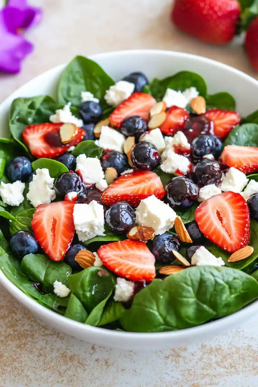 Delicious Strawberry Spinach Salad with Blueberry and Feta