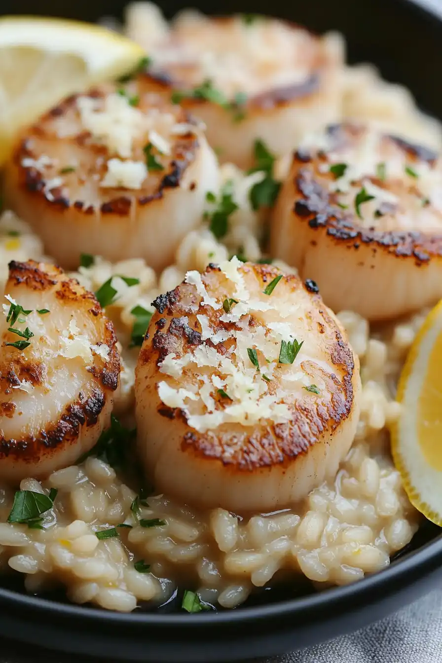 Quick Seared Scallops Over Lemon Parmesan Risotto