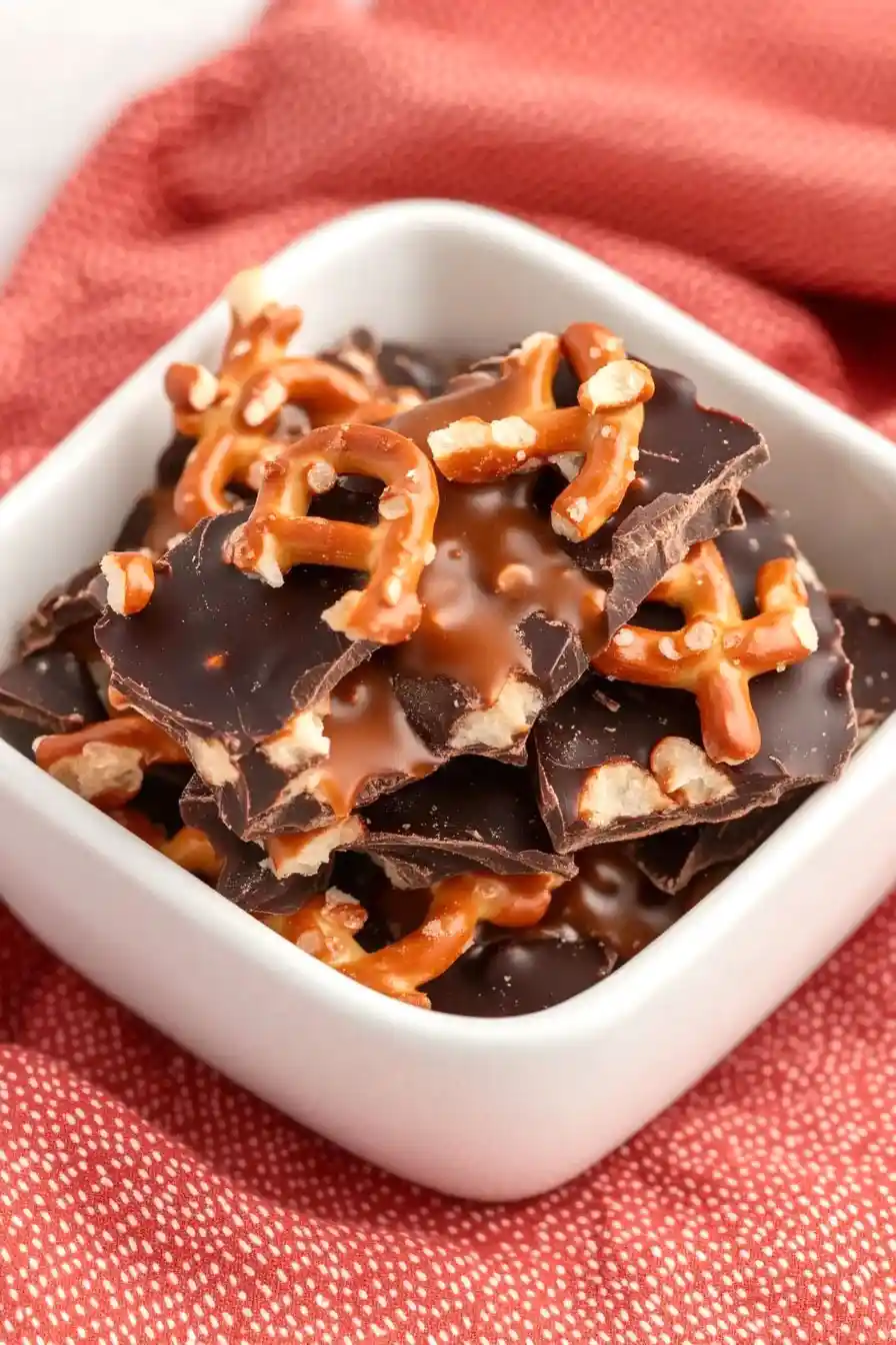 Decadent Dark Chocolate Sea Salt Caramel Pretzel Bark