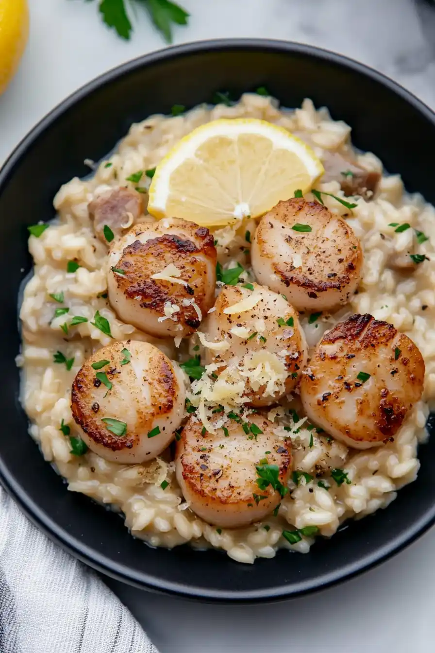 Quick Seared Scallops Over Lemon Parmesan Risotto