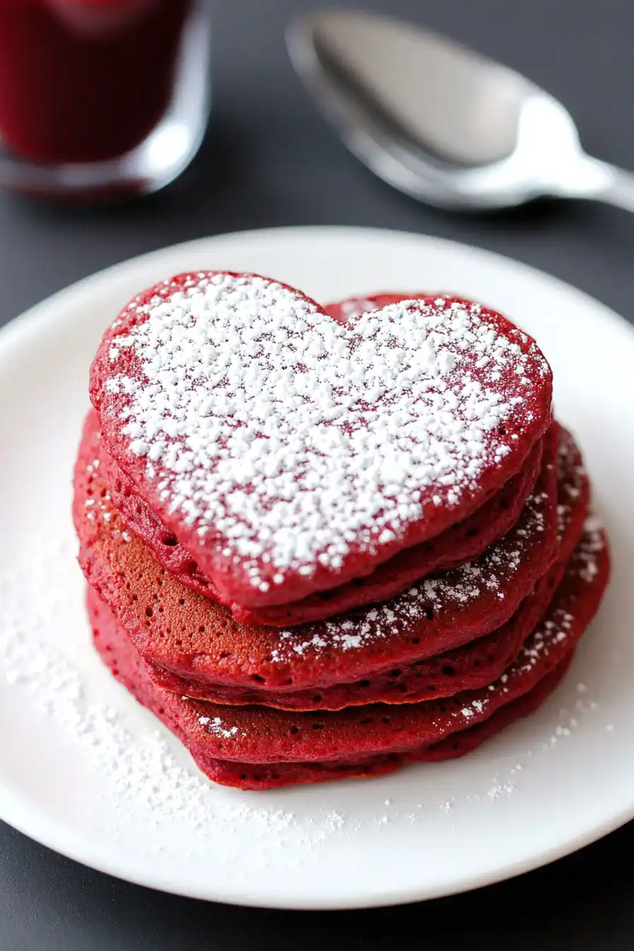 Delicious Heart Shaped Red Velvet Pancakes