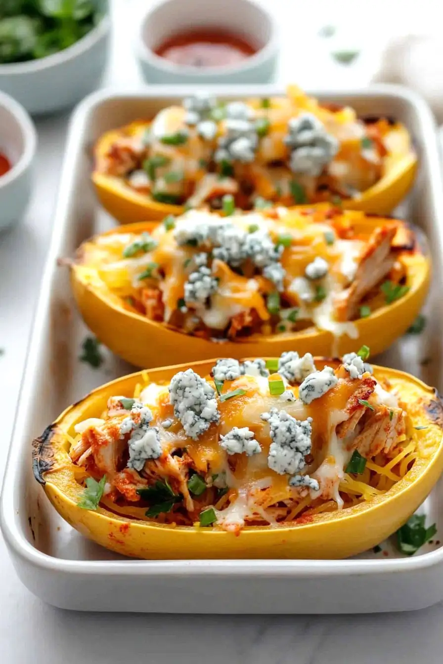 Healthy Buffalo Chicken Spaghetti Squash