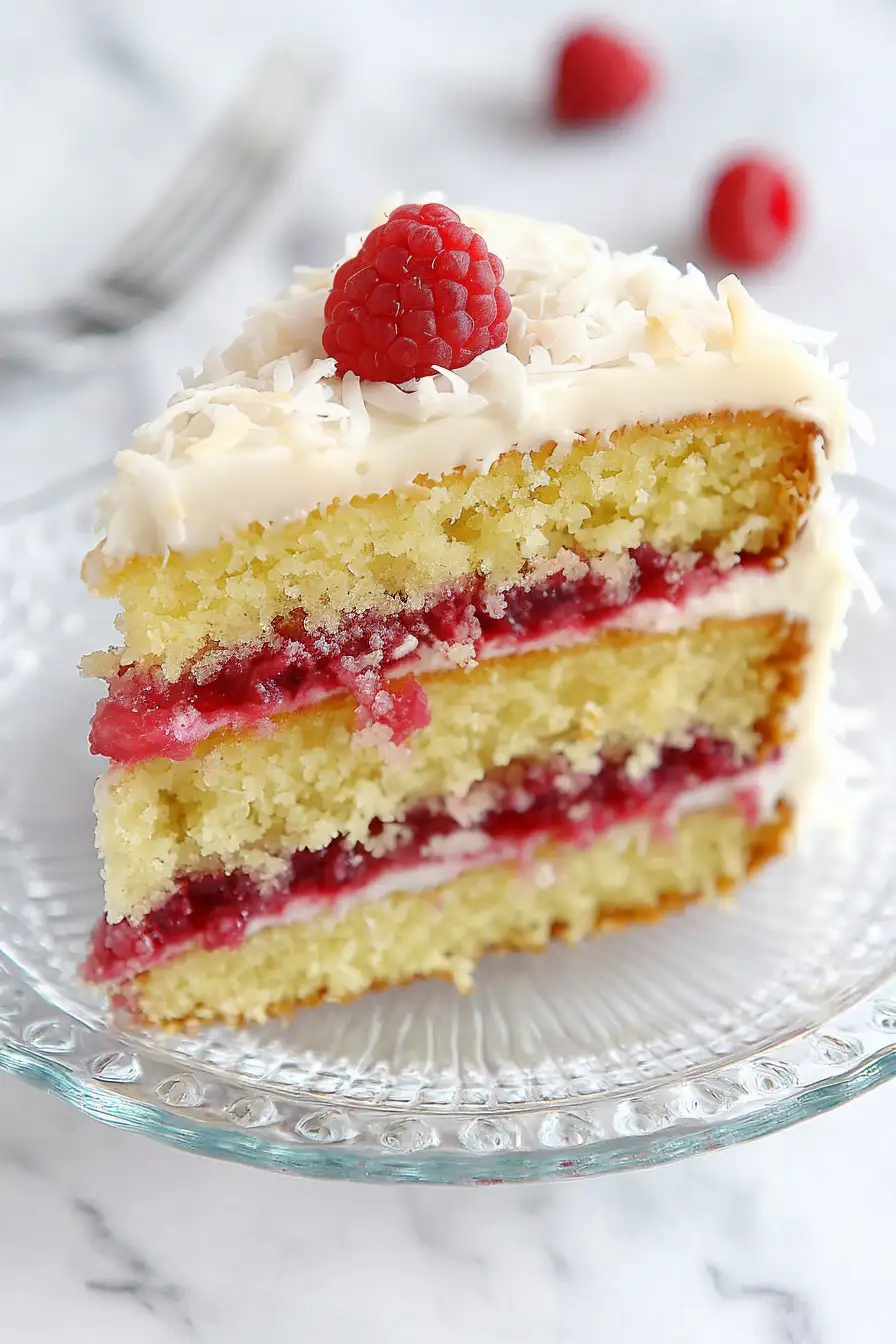 Moist Easter Coconut Cake with Raspberry Filling
