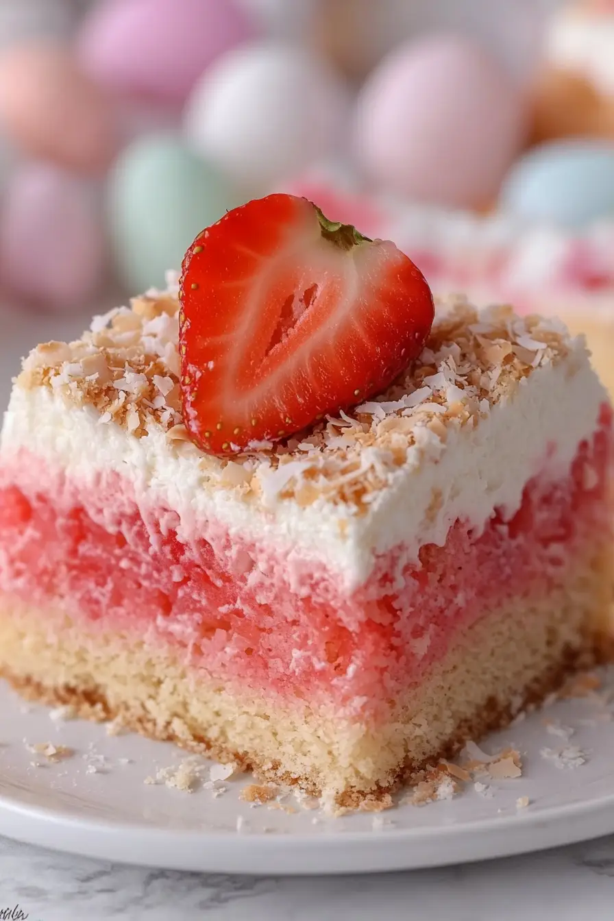 Colorful Easy Easter Coconut Jello Poke Cake