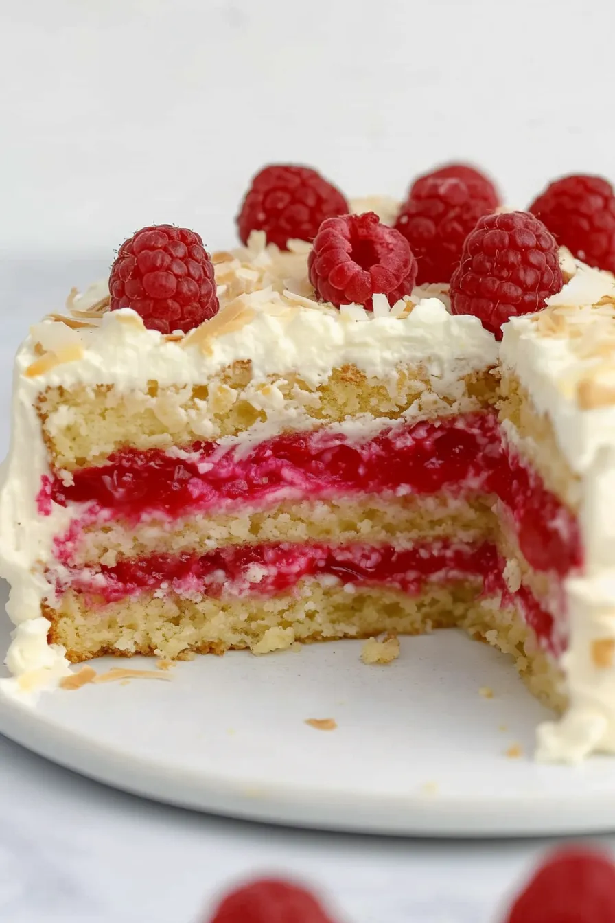 Moist Easter Coconut Cake with Raspberry Filling