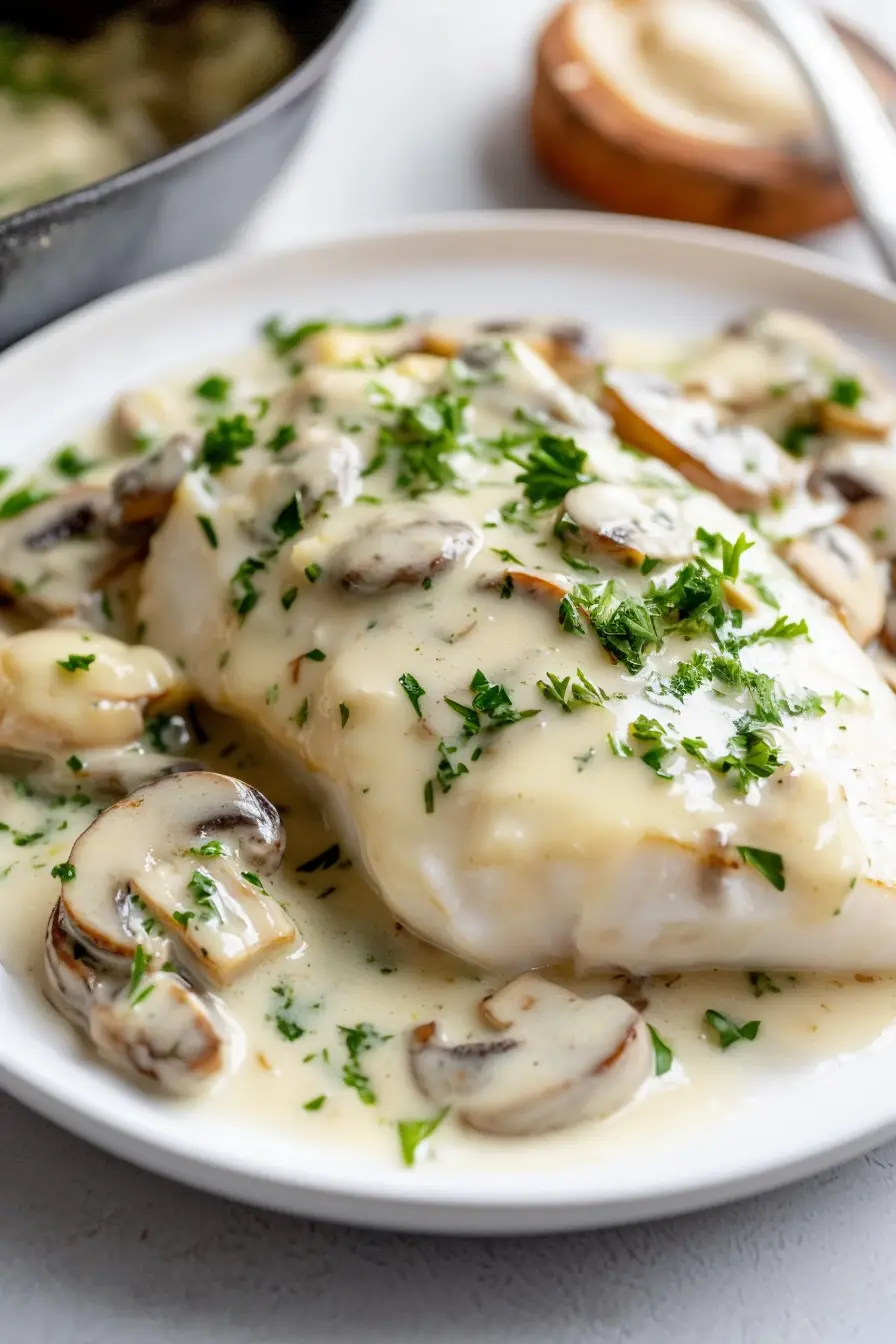Best Baked Halibut with Mushroom Cream Sauce