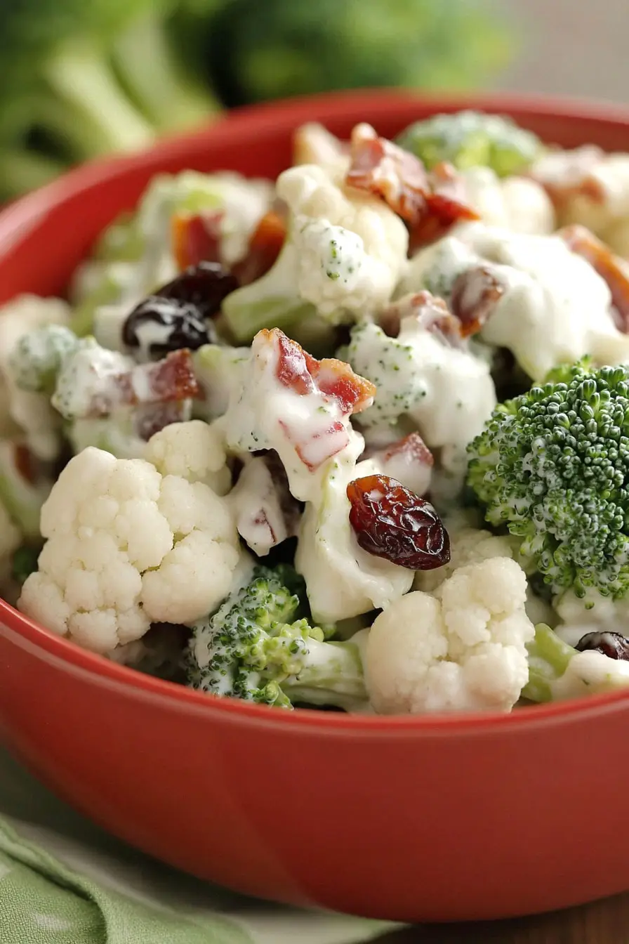 Savory Broccoli Cauliflower Salad with Bacon and Greek Yogurt