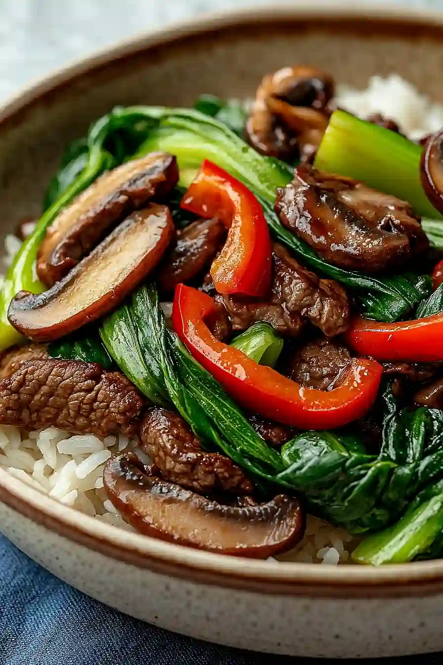 beef stir-fry with brown rice and mixed vegetables