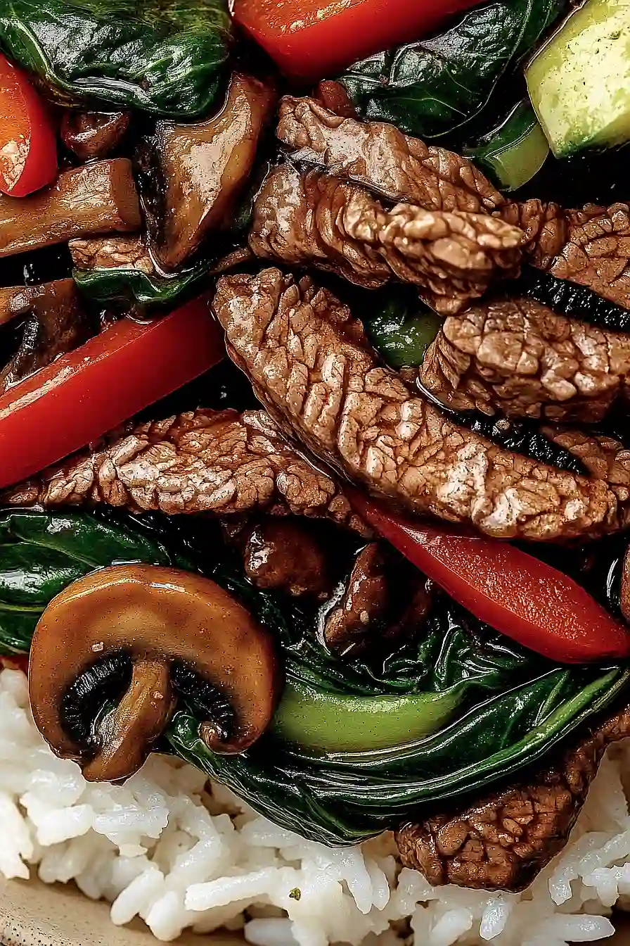 beef stir-fry with brown rice and mixed vegetables