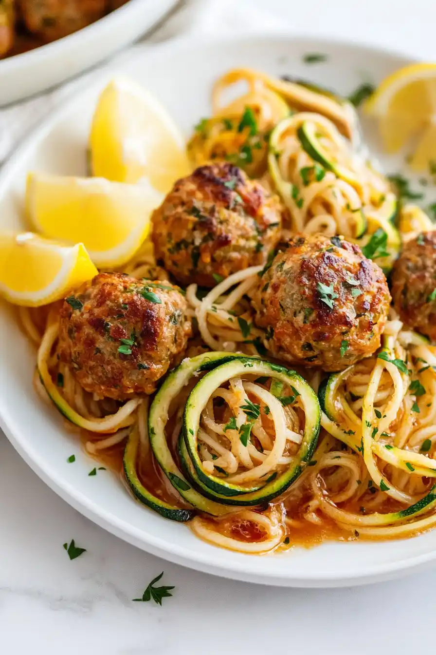 Savory Garlic Butter Turkey Meatballs Paired with Zoodles
