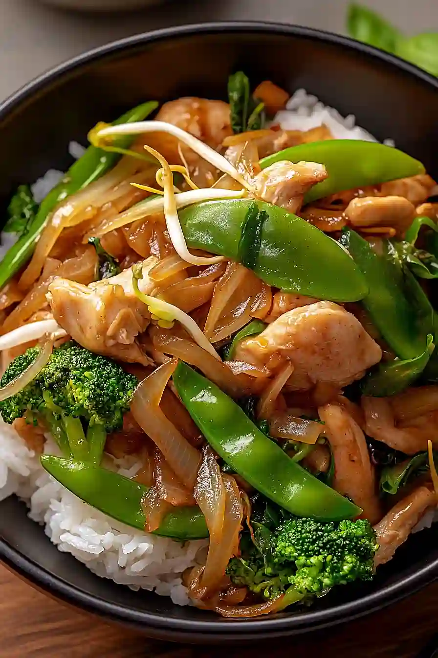 stir fry chicken with rice and vegetables