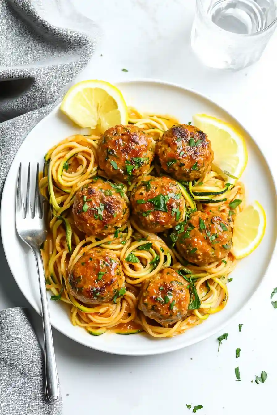 Savory Garlic Butter Turkey Meatballs Paired with Zoodles